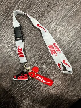Nike White and Red Lanyard with Mini Sneaker and Keychain